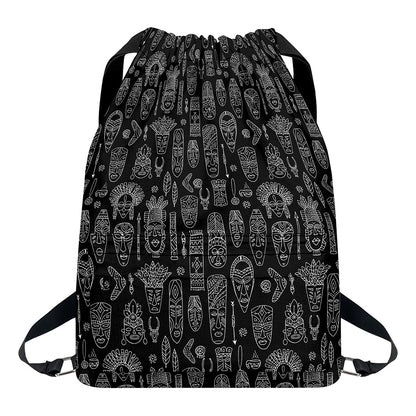 Black And White Totem Pattern Print Drawstring Backpack