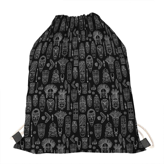 Black And White Totem Pattern Print Drawstring Bag