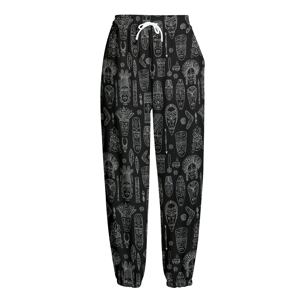 Black And White Totem Pattern Print Fleece Lined Knit Pants