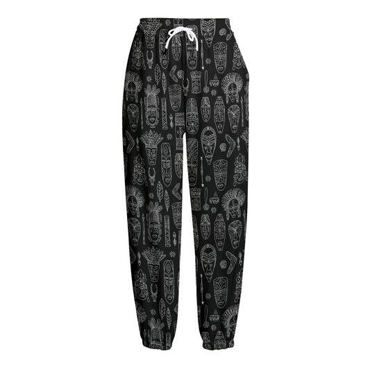 Black And White Totem Pattern Print Fleece Lined Knit Pants
