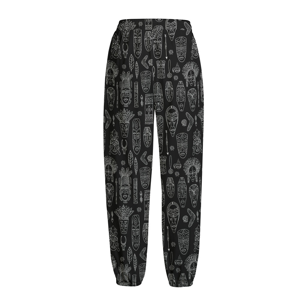 Black And White Totem Pattern Print Fleece Lined Knit Pants