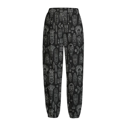 Black And White Totem Pattern Print Fleece Lined Knit Pants