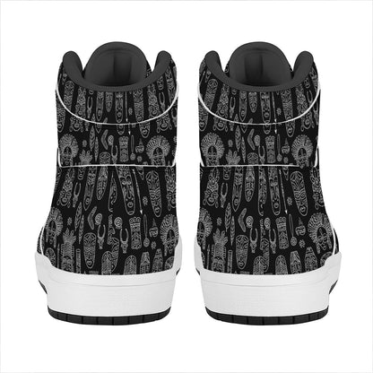 Black And White Totem Pattern Print High Top Leather Sneakers