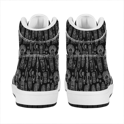 Black And White Totem Pattern Print High Top Leather Sneakers