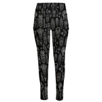 Black And White Totem Pattern Print High-Waisted Pocket Leggings