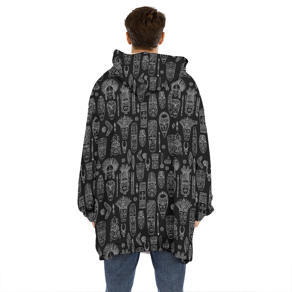 Black And White Totem Pattern Print Hoodie Blanket