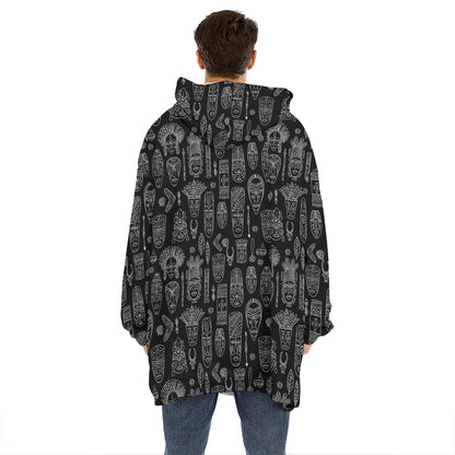 Black And White Totem Pattern Print Hoodie Blanket