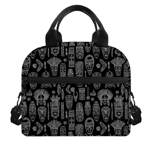 Black And White Totem Pattern Print Insulated Lunch Bag