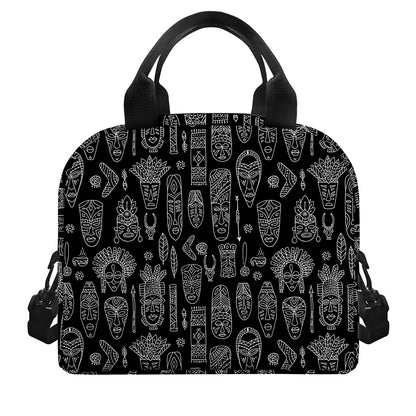 Black And White Totem Pattern Print Insulated Lunch Bag