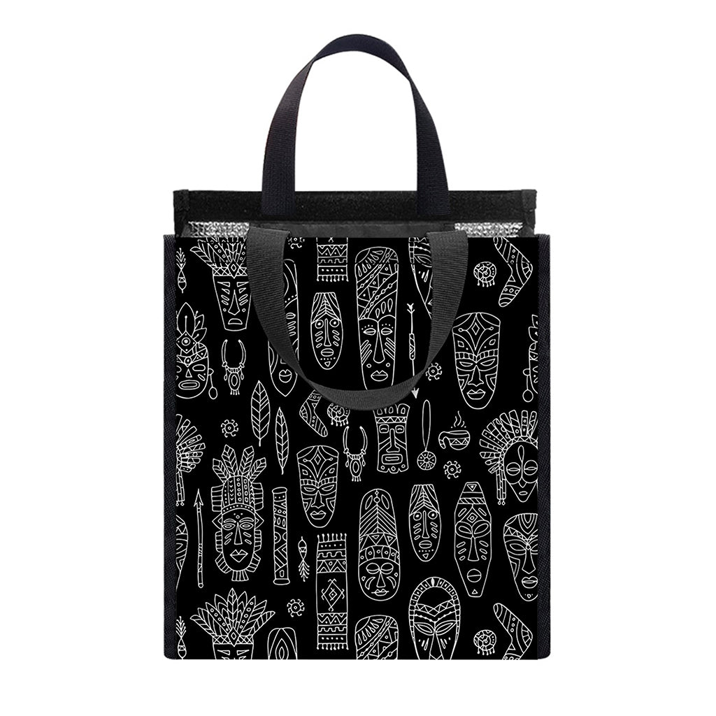 Black And White Totem Pattern Print Insulated Lunch Tote
