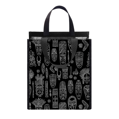 Black And White Totem Pattern Print Insulated Lunch Tote