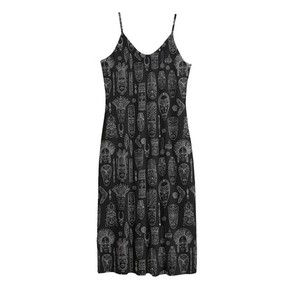Black And White Totem Pattern Print Jersey Midi Cami Dress