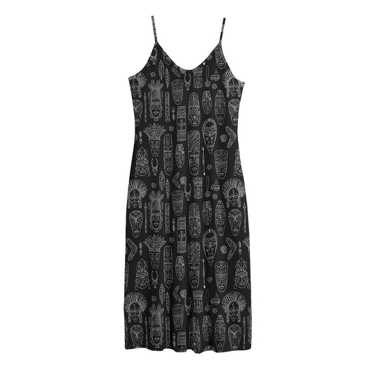 Black And White Totem Pattern Print Jersey Midi Cami Dress