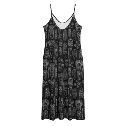 Black And White Totem Pattern Print Jersey Midi Cami Dress