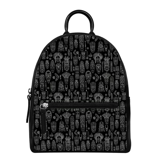 Black And White Totem Pattern Print Leather Backpack