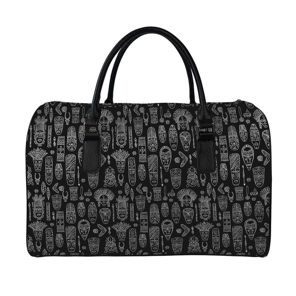 Black And White Totem Pattern Print Leather Duffle Bag