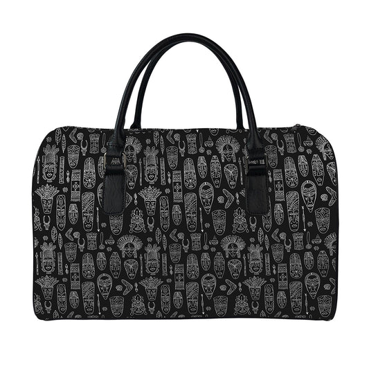 Black And White Totem Pattern Print Leather Duffle Bag