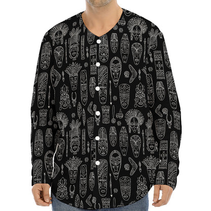 Black And White Totem Pattern Print Long Sleeve Baseball Jersey