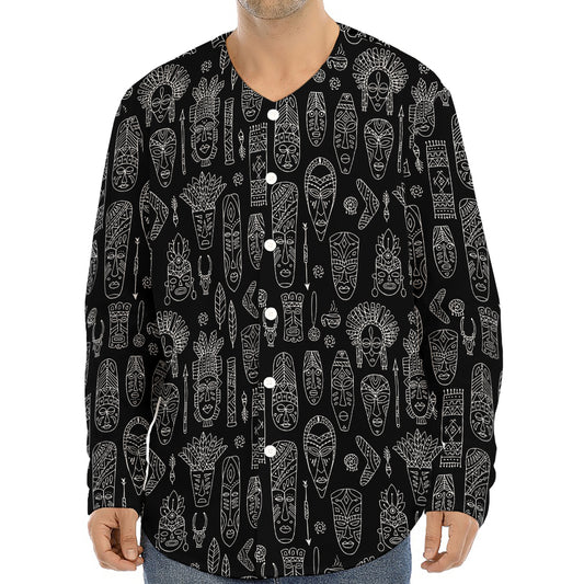 Black And White Totem Pattern Print Long Sleeve Baseball Jersey