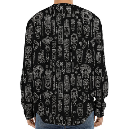 Black And White Totem Pattern Print Long Sleeve Baseball Jersey