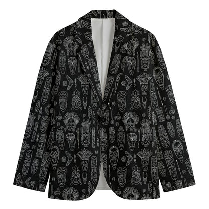 Black And White Totem Pattern Print Men's Cotton Blazer