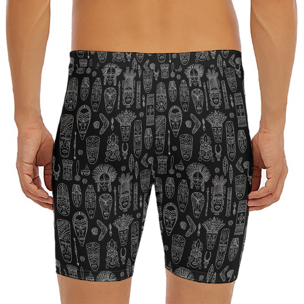 Black And White Totem Pattern Print Men's Long Boxer Briefs