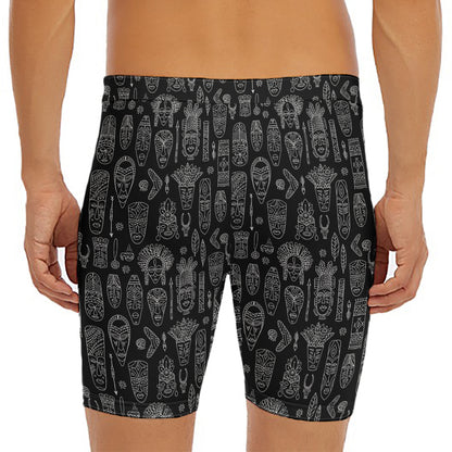 Black And White Totem Pattern Print Men's Long Boxer Briefs