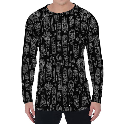 Black And White Totem Pattern Print Men's Long Sleeve T-Shirt