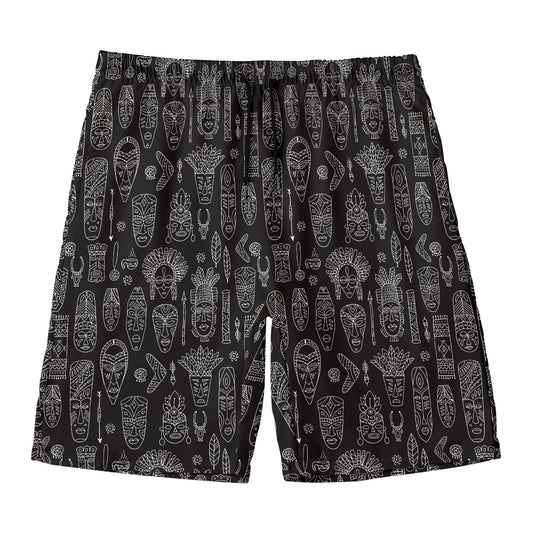 Black And White Totem Pattern Print Men's Swim Trunks