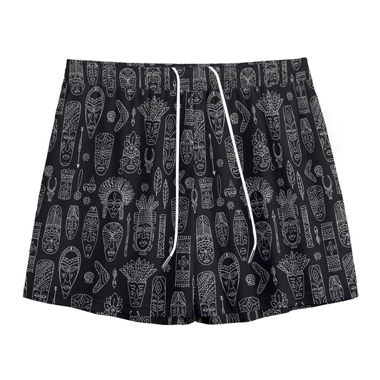 Black And White Totem Pattern Print Mesh Shorts