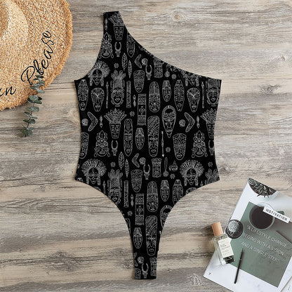 Black And White Totem Pattern Print One Shoulder Bodysuit