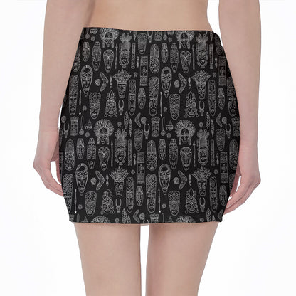 Black And White Totem Pattern Print Pencil Mini Skirt