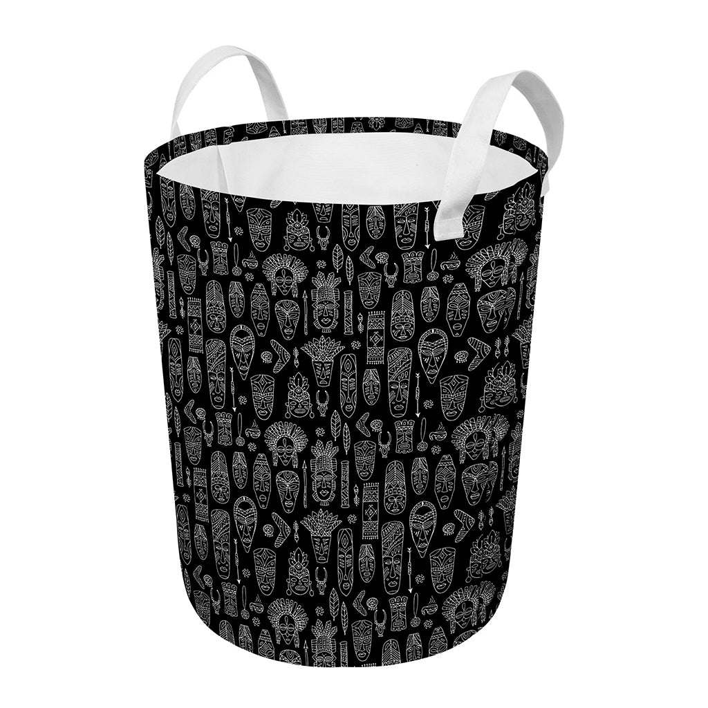 Black And White Totem Pattern Print Round Laundry Basket