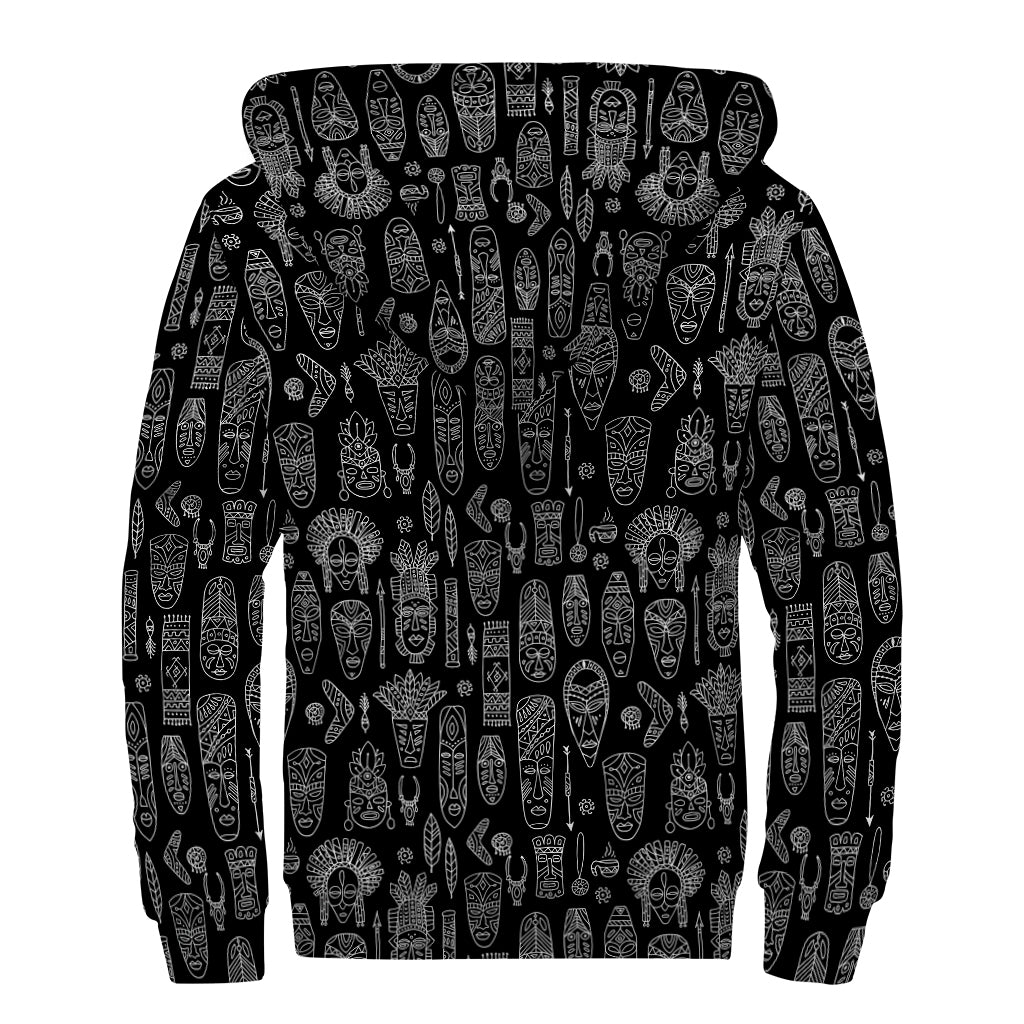 Black And White Totem Pattern Print Sherpa Lined Zip Up Hoodie