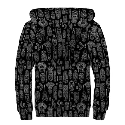 Black And White Totem Pattern Print Sherpa Lined Zip Up Hoodie