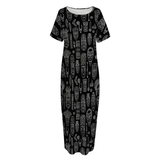 Black And White Totem Pattern Print Short Sleeve Long Nightdress