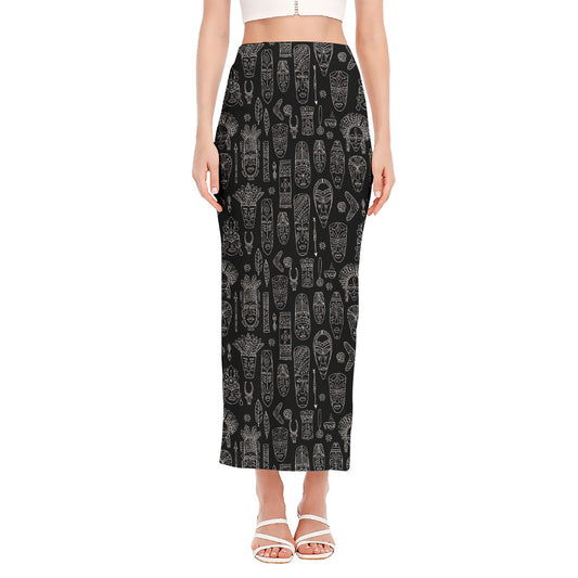 Black And White Totem Pattern Print Side Slit Maxi Skirt