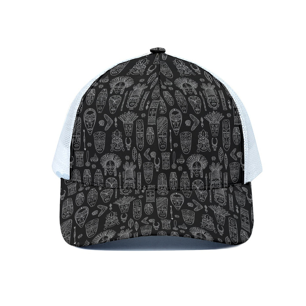 Black And White Totem Pattern Print White Mesh Trucker Cap