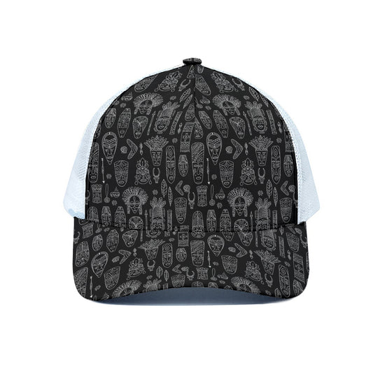 Black And White Totem Pattern Print White Mesh Trucker Cap