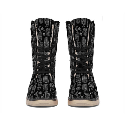 Black And White Totem Pattern Print Winter Boots