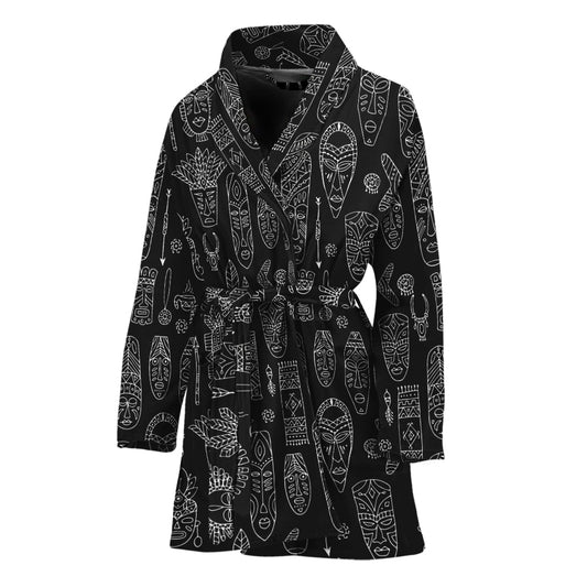 Black And White Totem Pattern Print Women's Bathrobe