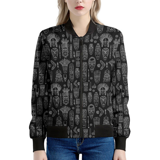 Black And White Totem Pattern Print Women's Bomber Jacket