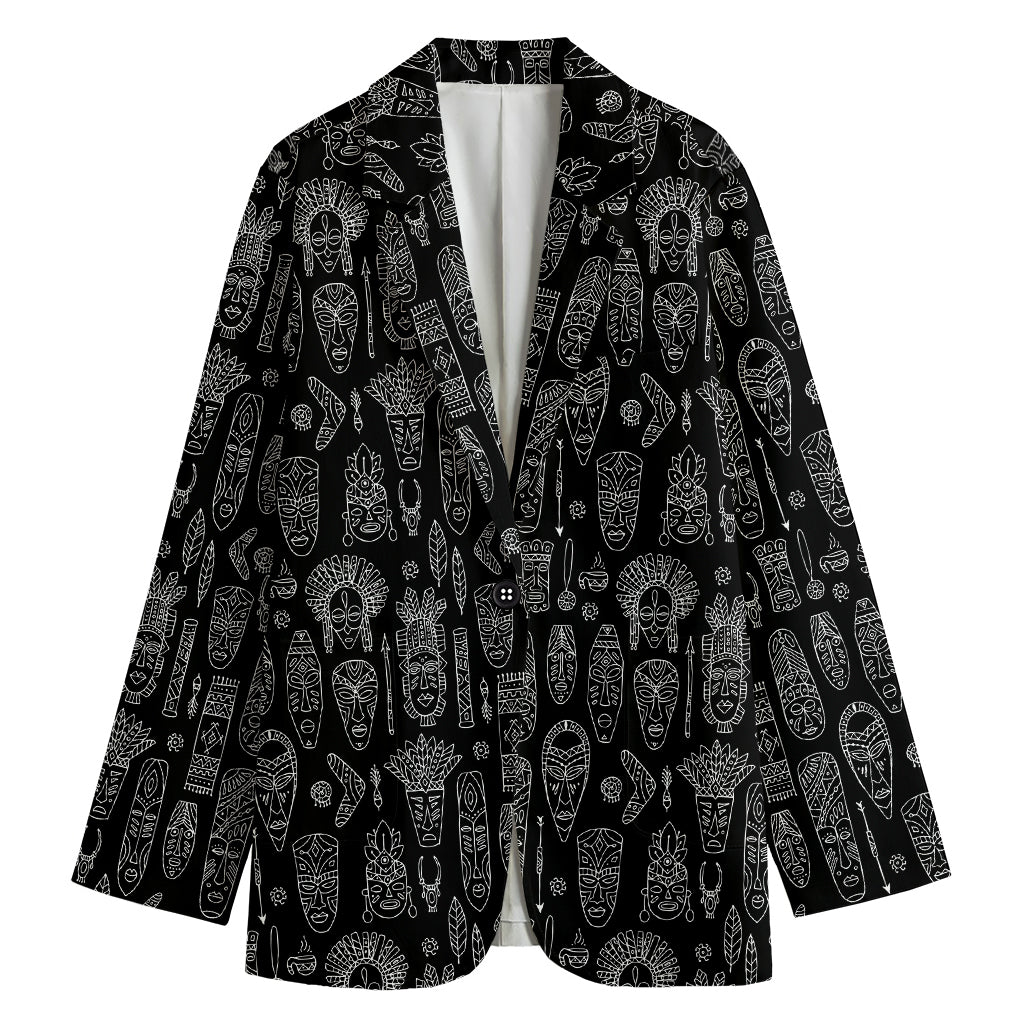 Black And White Totem Pattern Print Women's Cotton Blazer