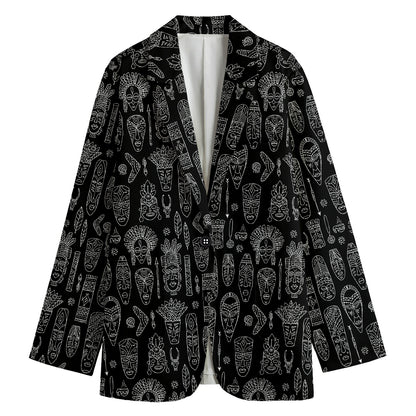 Black And White Totem Pattern Print Women's Cotton Blazer