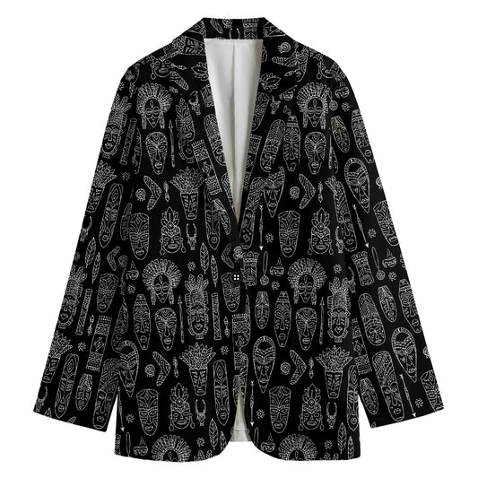 Black And White Totem Pattern Print Women's Cotton Blazer
