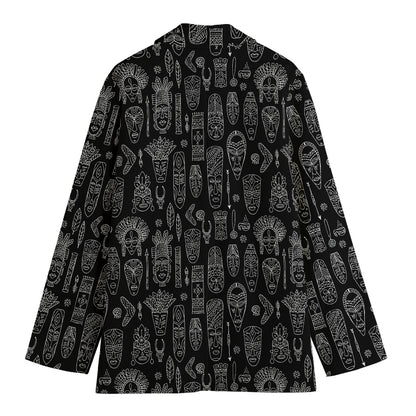 Black And White Totem Pattern Print Women's Cotton Blazer