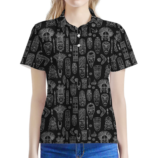 Black And White Totem Pattern Print Women's Polo Shirt