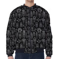 Black And White Totem Pattern Print Zip Sleeve Bomber Jacket