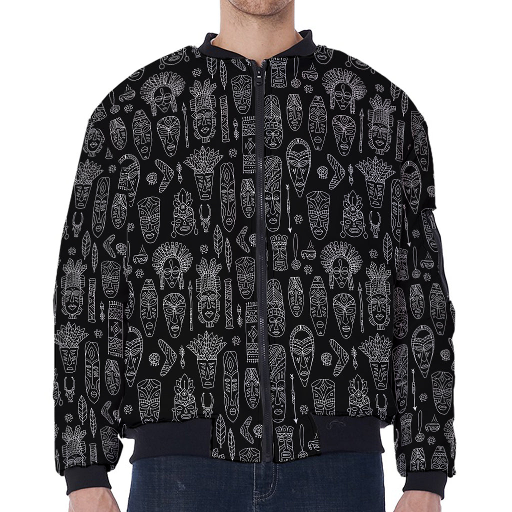 Black And White Totem Pattern Print Zip Sleeve Bomber Jacket