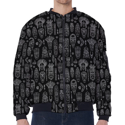 Black And White Totem Pattern Print Zip Sleeve Bomber Jacket